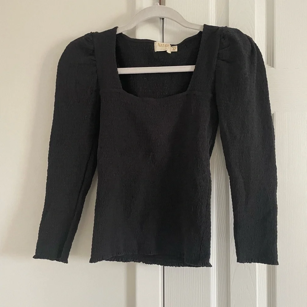 Nation LTD Alexandra Smocked Long Sleeve Black Peasant Top Pima Cotton